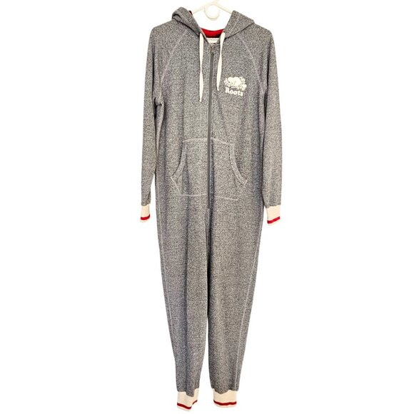 Roots Women’s Cabin Onesie Grey Oat Pepper Size M Zip Front Hooded Jumpsuit Cozy - Picture 3 of 16